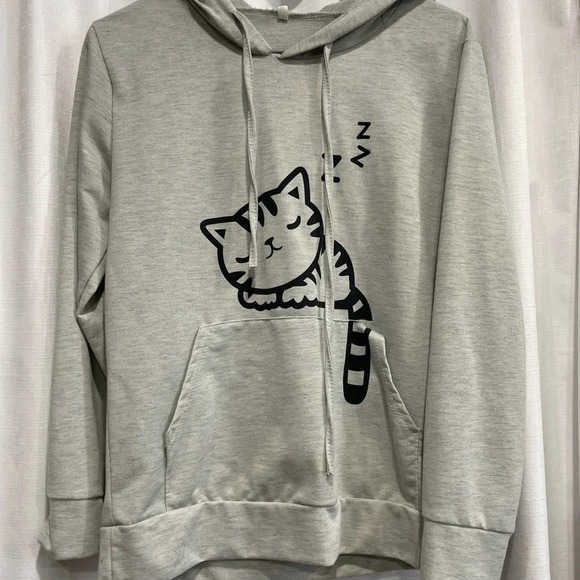 Cat Sleeping Hoodie Grey with Black Size Medium Cat Ears Hood - Picture 1 of 5
